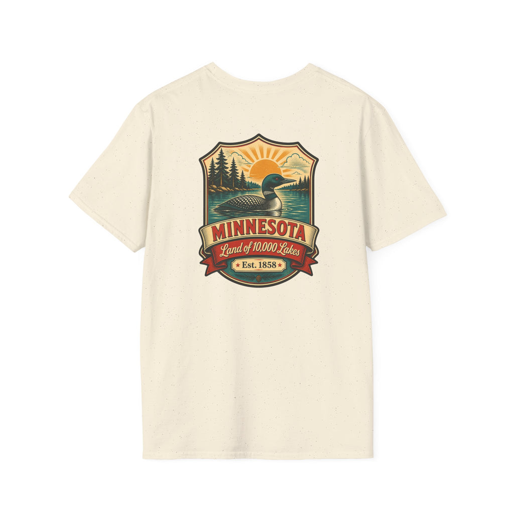 Natural T-shirt with Minnesota retro lake badge graphic at chest