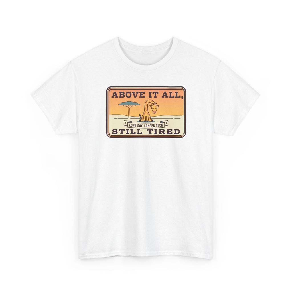 Above It All Still Tired Tee | Retro Beach Scene, Coffee Cup, Sunset Vibes