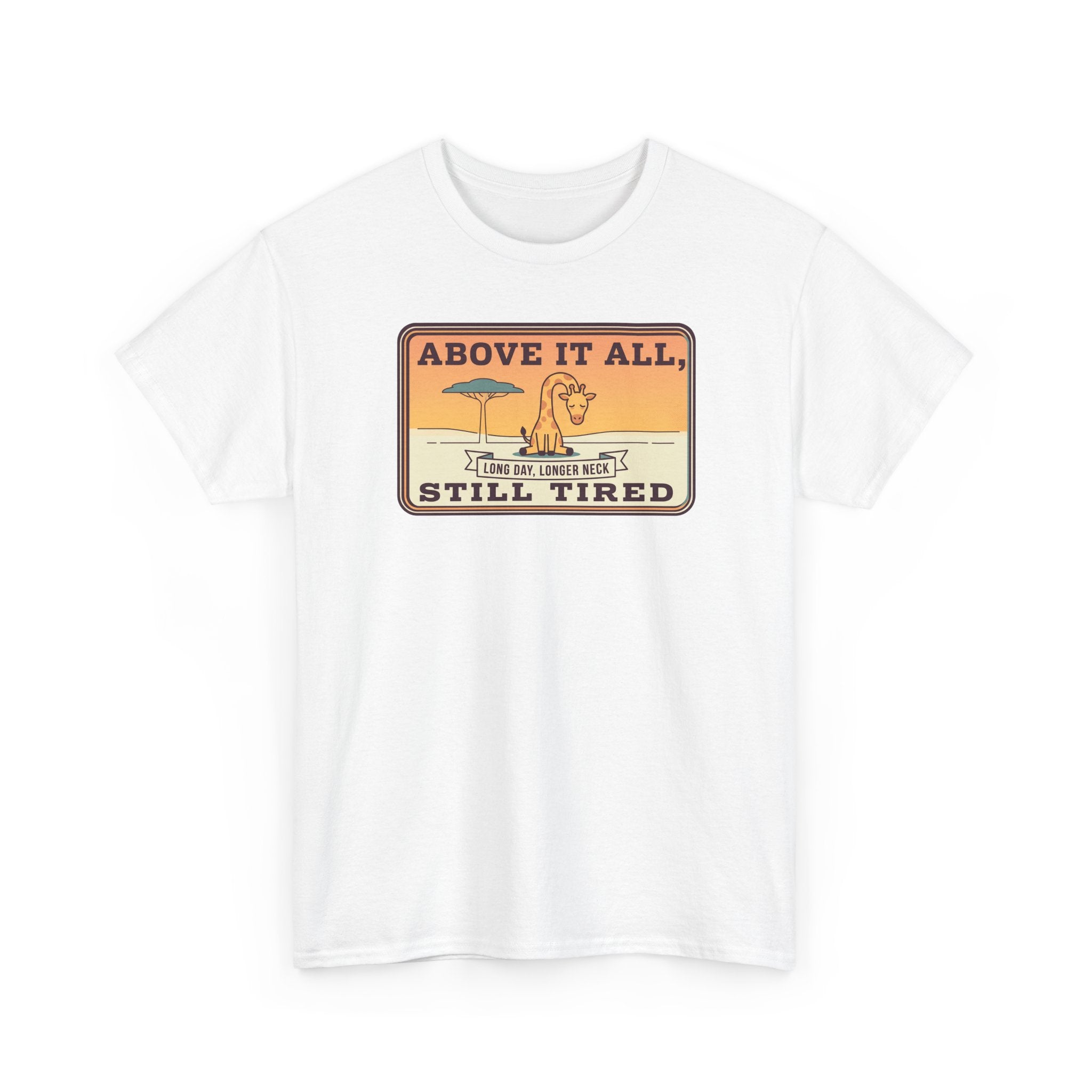 Above It All Still Tired Tee | Retro Beach Scene, Coffee Cup, Sunset Vibes