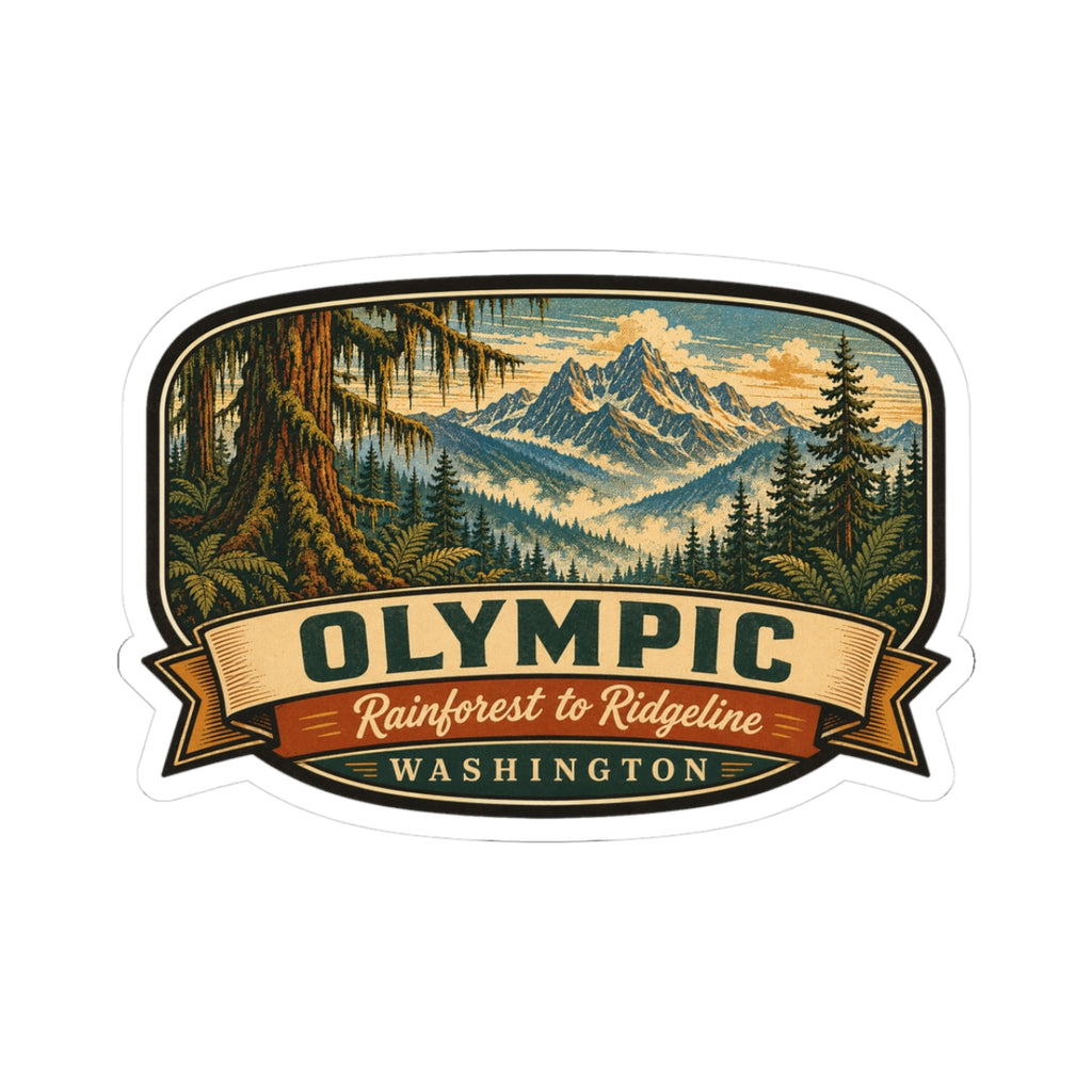 Olympic National Park travel sticker with forest mountain scene and “Olympic Washington” ribbon text