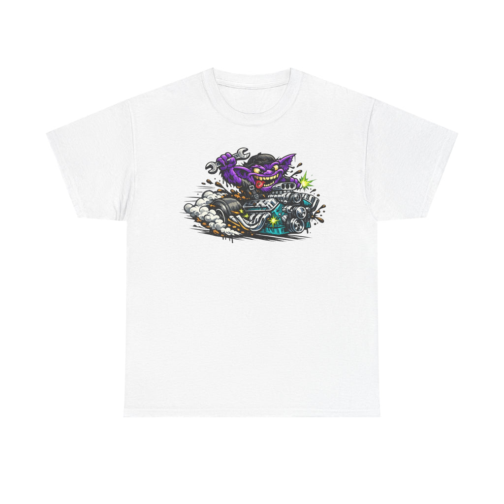 Purple Grinning Cat Biker Tee | Retro Cartoon Motorcycle Graphic T-Shirt, Unisex Streetwear Gift