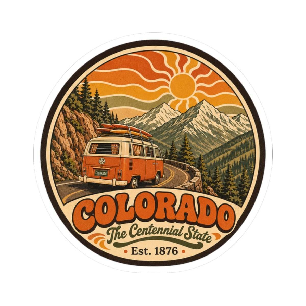 Round Colorado camper van decal with illustrated landscape, trees, and orange sun
