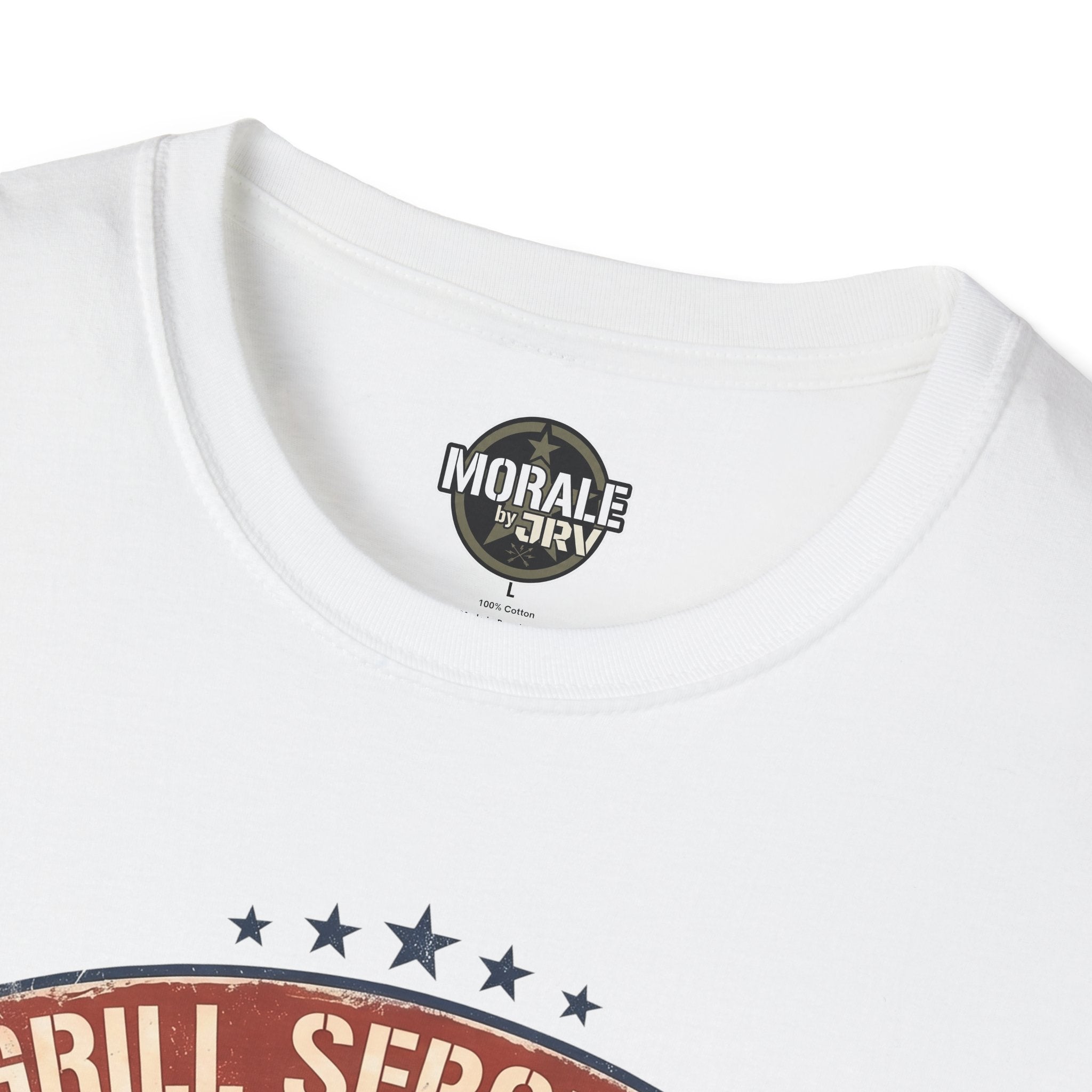 White crew-neck T-shirt with collar logo and partial “Grill Sergeant” graphic print