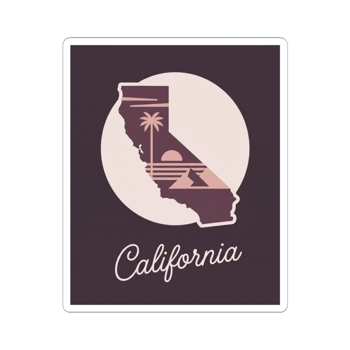 California state silhouette sticker with “California” script, mauve design on white circle