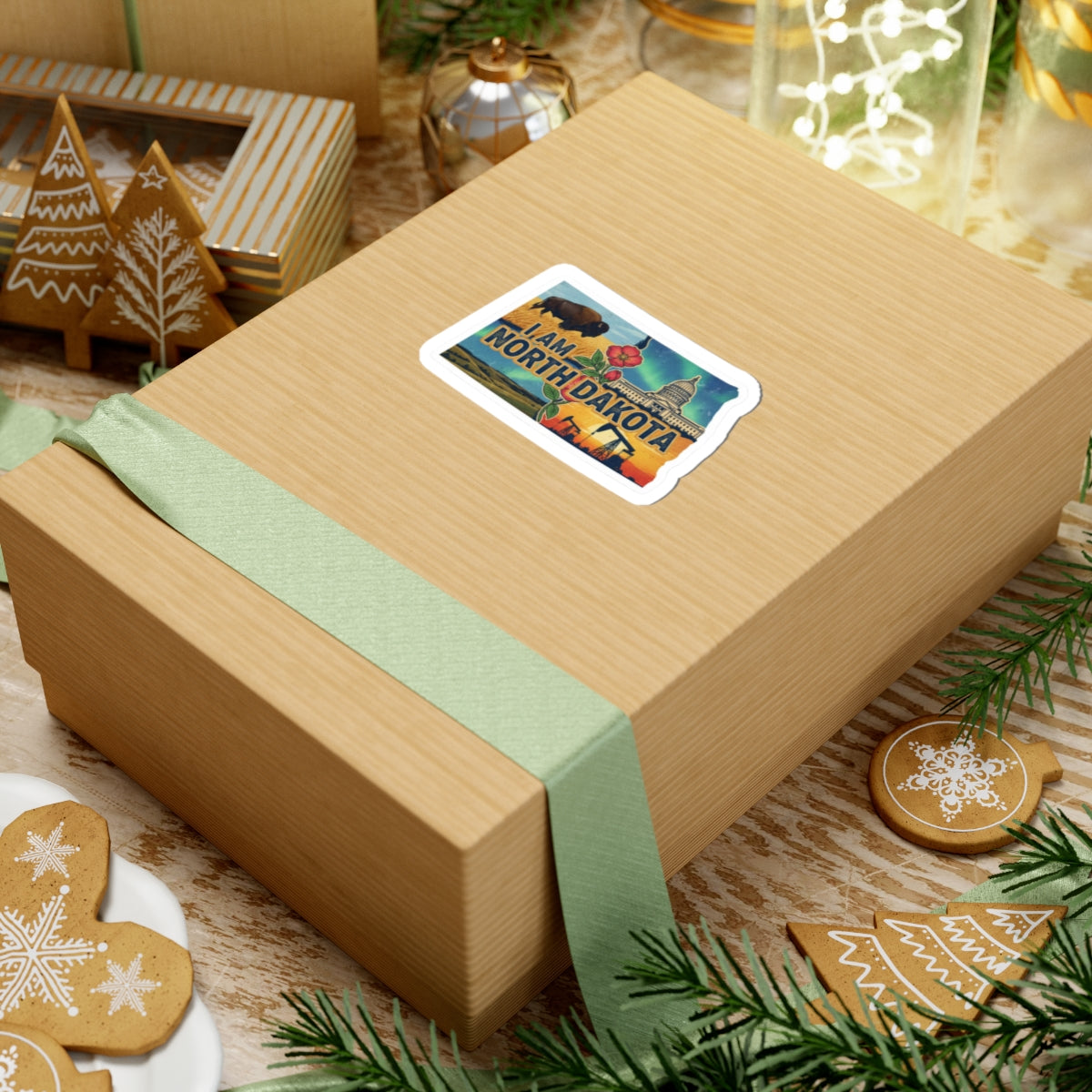 North Dakota sticker on gift box with white border, buffalo, capitol and text