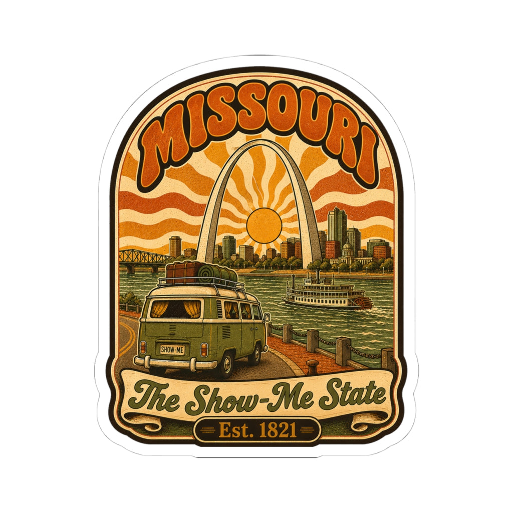 Missouri retro roadtrip die-cut sticker with archway sun, bus, riverboat, and “Est. 1821”