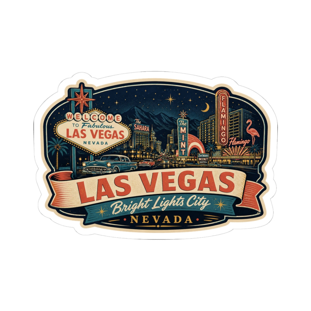 Las Vegas luggage tag sticker with night skyline and “Bright Lights City” ribbon text