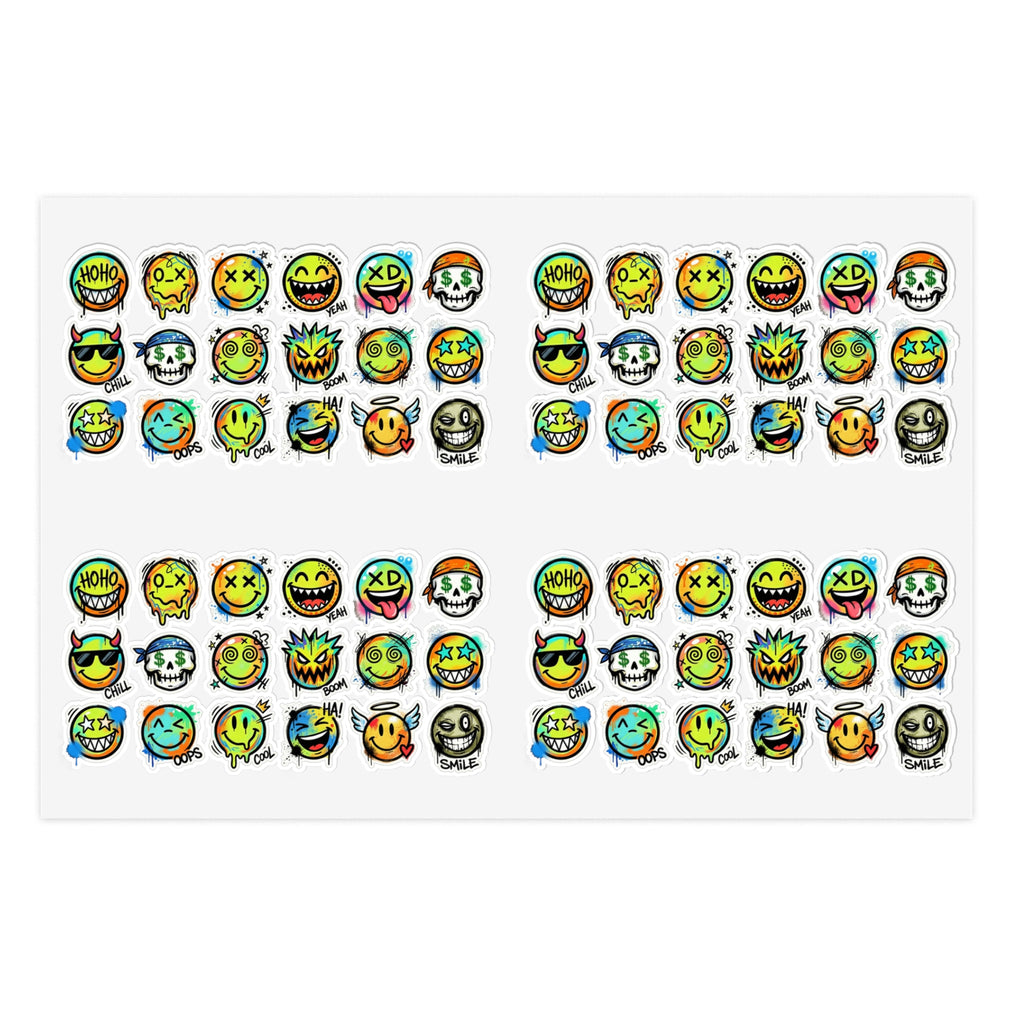 Emoji face sticker sheet, die-cut expressions with colorful outlines and icons