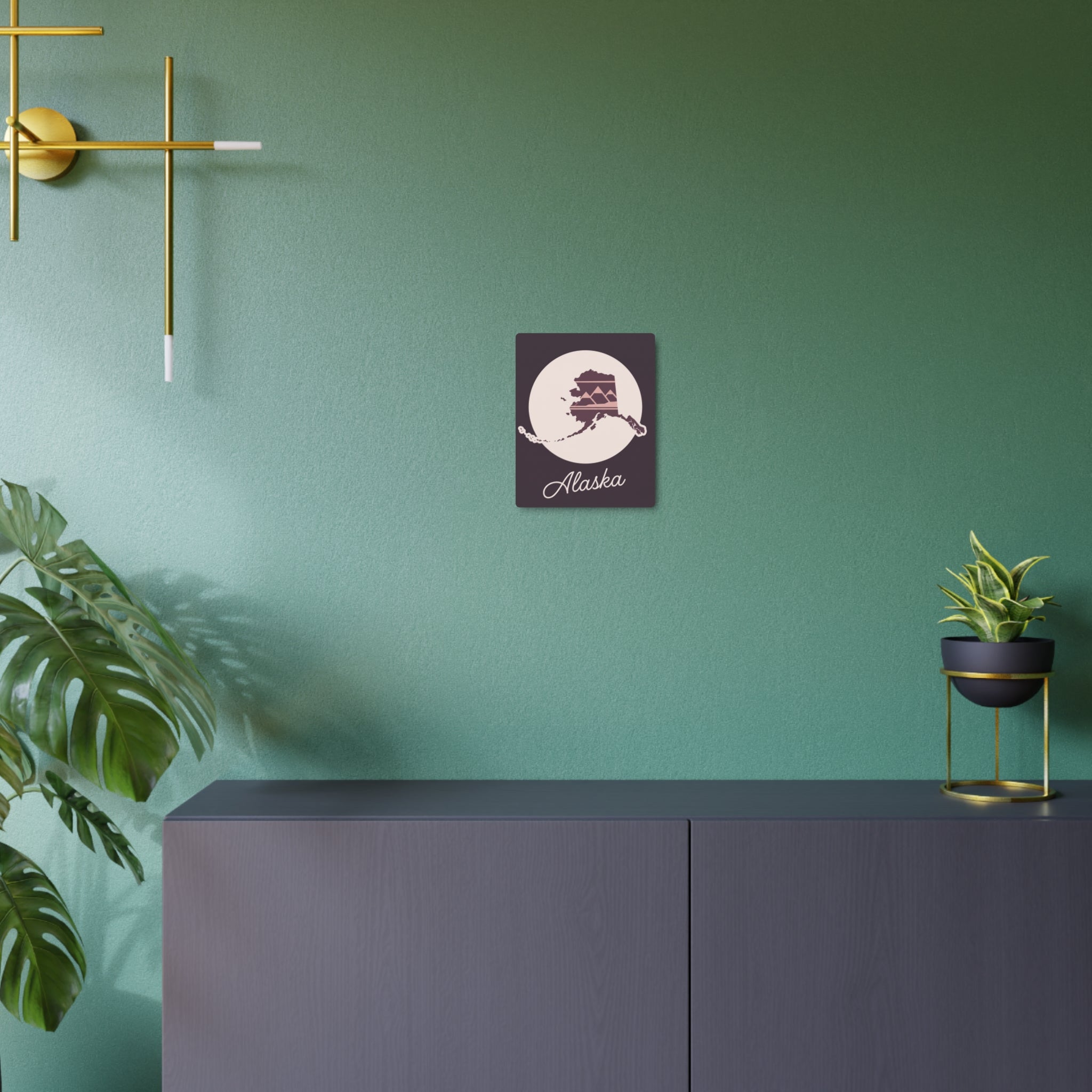 Mauve metal wall art square featuring Alaska silhouette circle and cursive “Alaska”