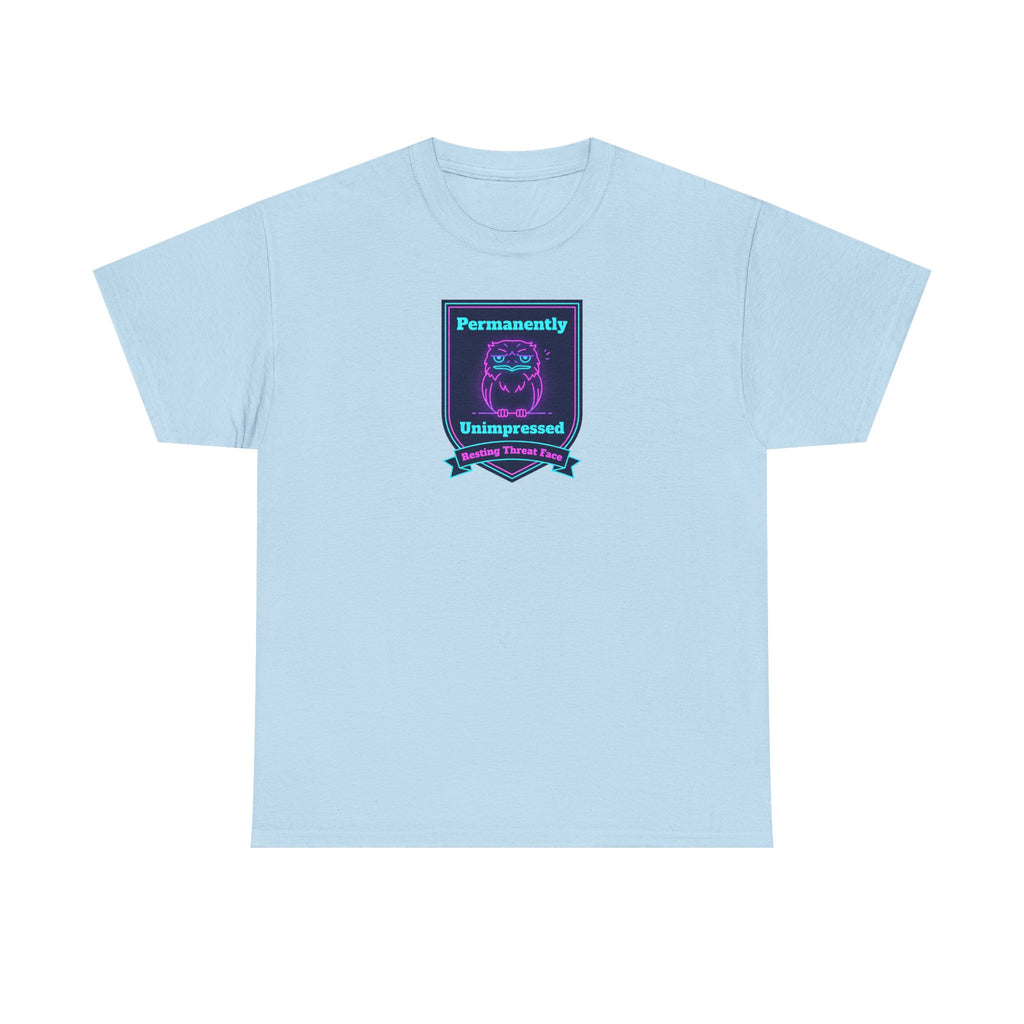 Permanently Unimpressed Badge Tee | Retro Neon Robot Design