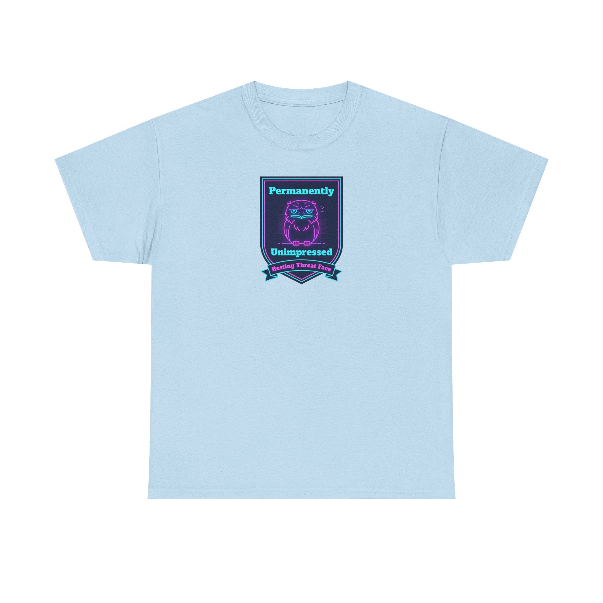 Permanently Unimpressed Badge Tee | Retro Neon Robot Design