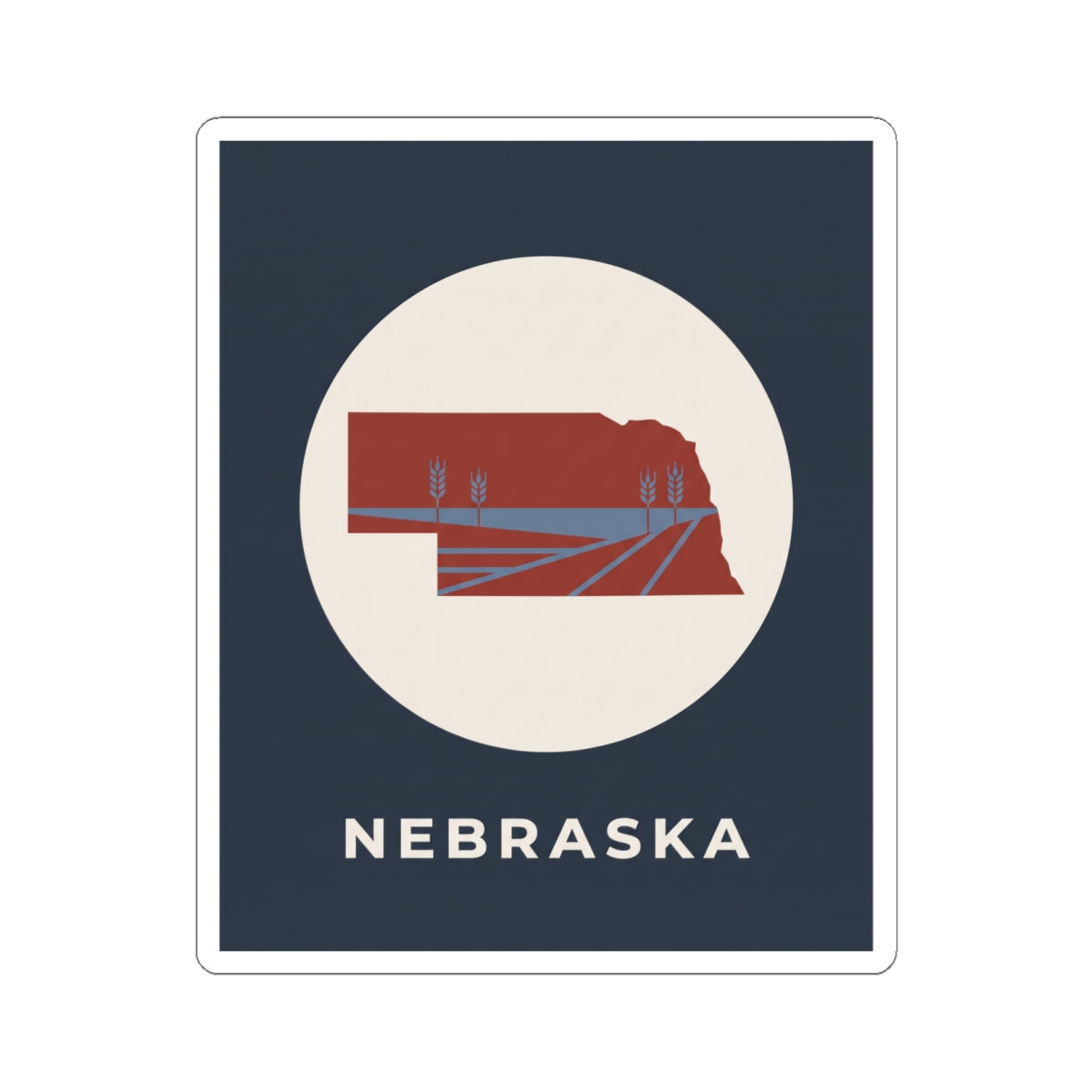 Nebraska state map sticker with red farmland illustration inside a white circle on navy