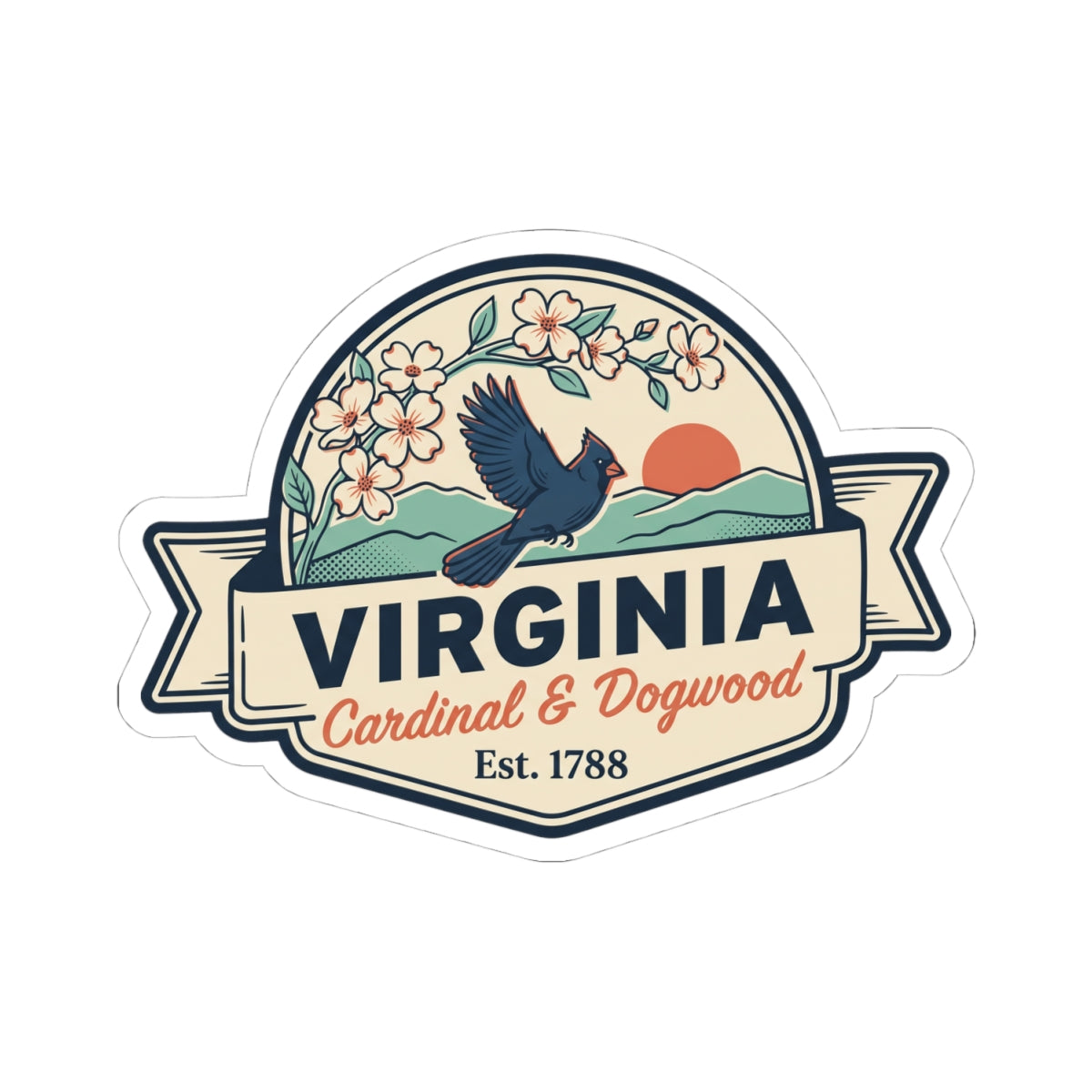 Kiss-cut vinyl sticker showing a Virginia badge with blue cardinal and Est. 1788