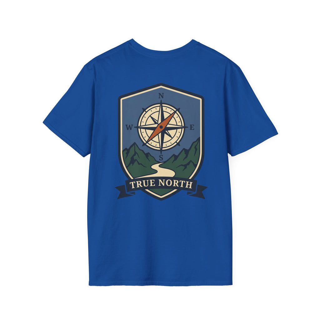 Royal blue T-shirt with compass and mountain shield graphic, crew neck.