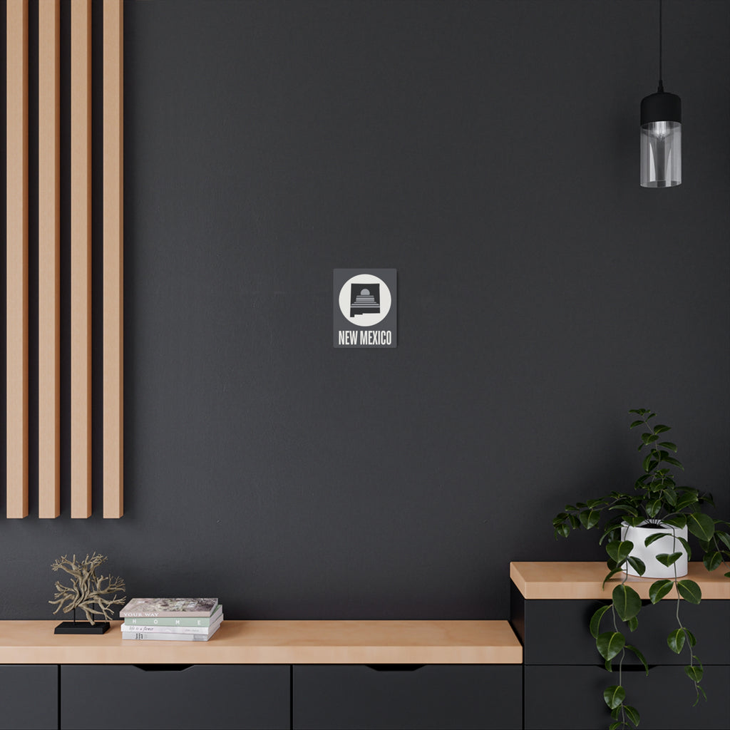 New Mexico square metal wall art sign mounted on wall, with circular skyline icon