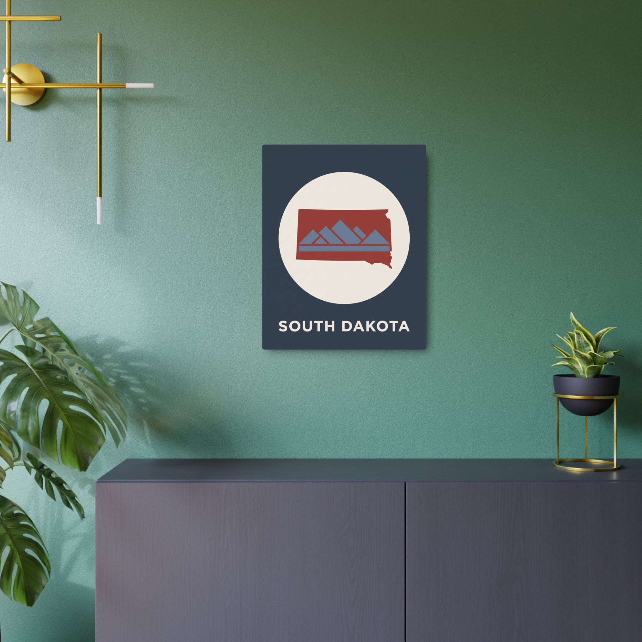 South Dakota metal wall sign with circular badge and mountains silhouette, dark blue backing