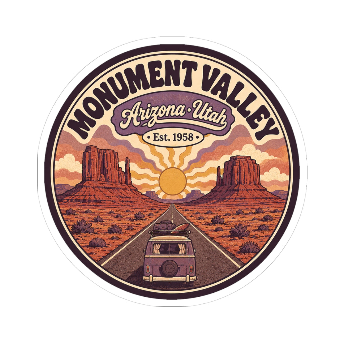 Round vintage desert camper sticker with “Monument Valley” text, sun, and road scene