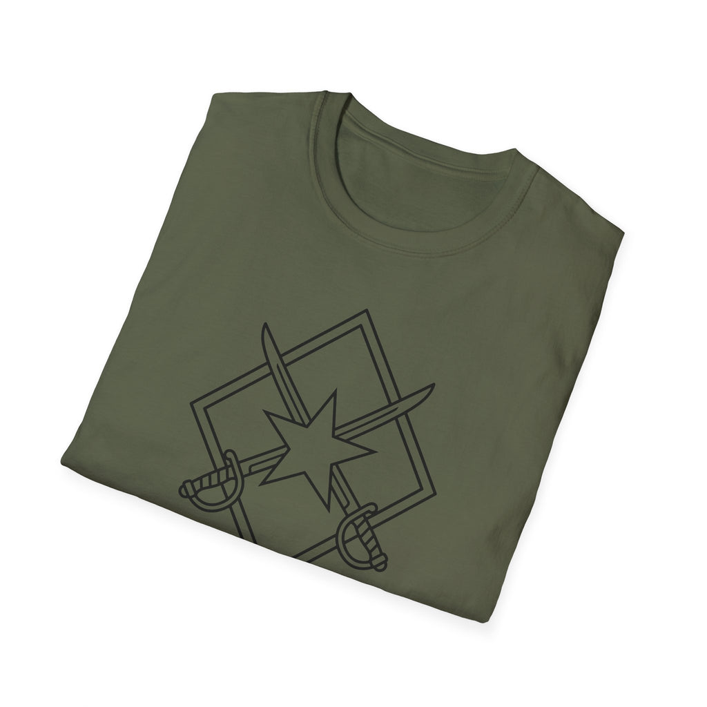 Military green T-shirt with crew neck and front graphic of crossed swords and star