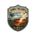 White border die-cut sticker featuring Hawai'i Volcanoes shield with lava glow and palms