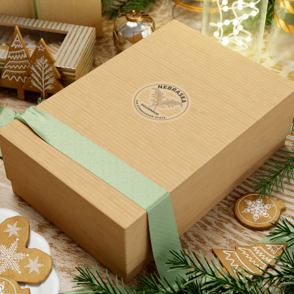 Nebraska goldenrod circular transparent vinyl sticker on gift box top