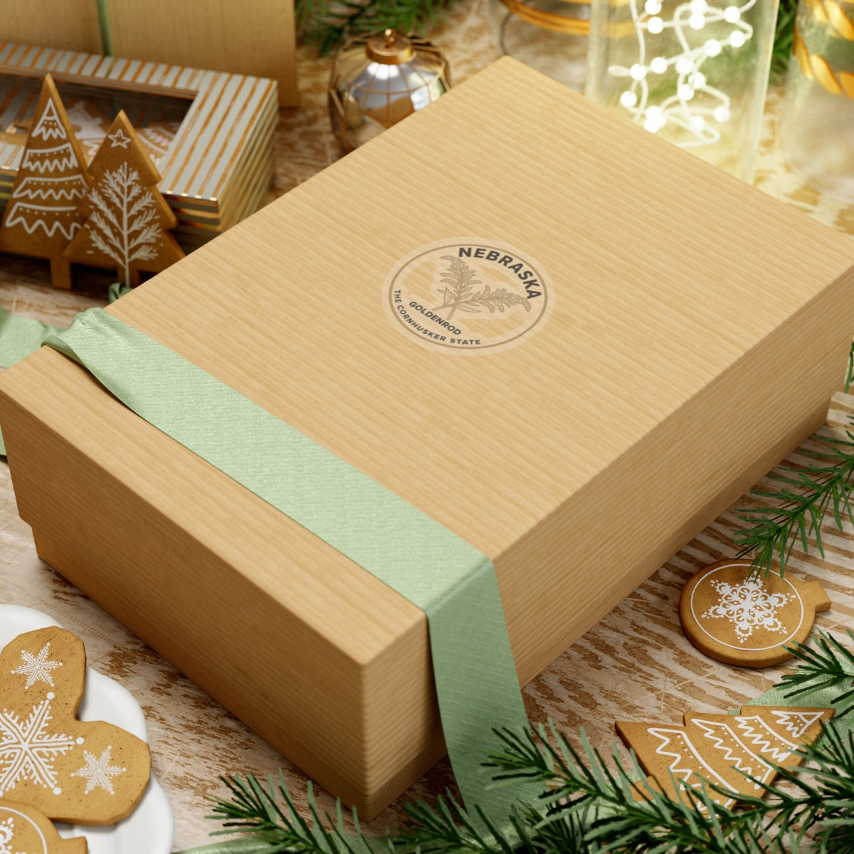 Nebraska goldenrod circular transparent vinyl sticker on gift box top