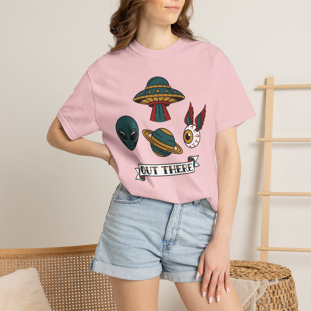 Blush pink crew-neck T-shirt with alien, UFO, and cat graphic and 'OUT THERE' banner