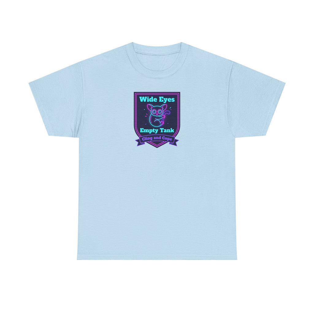 Wide Eyes Empty Tank T-shirt | Owl Illustration, Neon Purple & Teal Badge