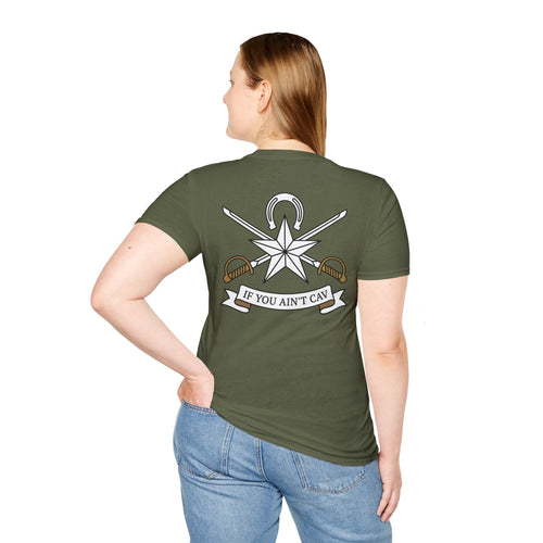 Olive green T-shirt with crossed sword and star emblem graphic on back