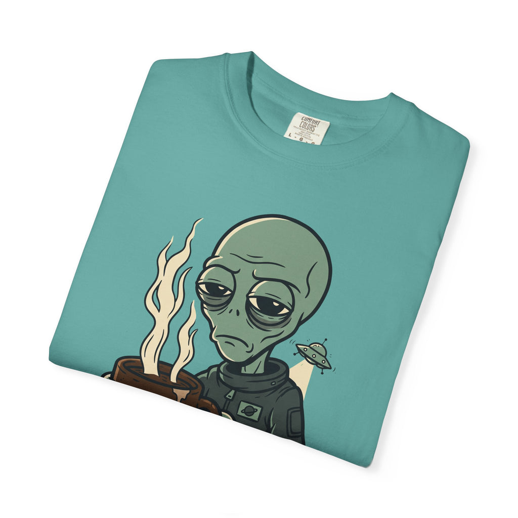 Teal crew-neck T-shirt with alien coffee graphic