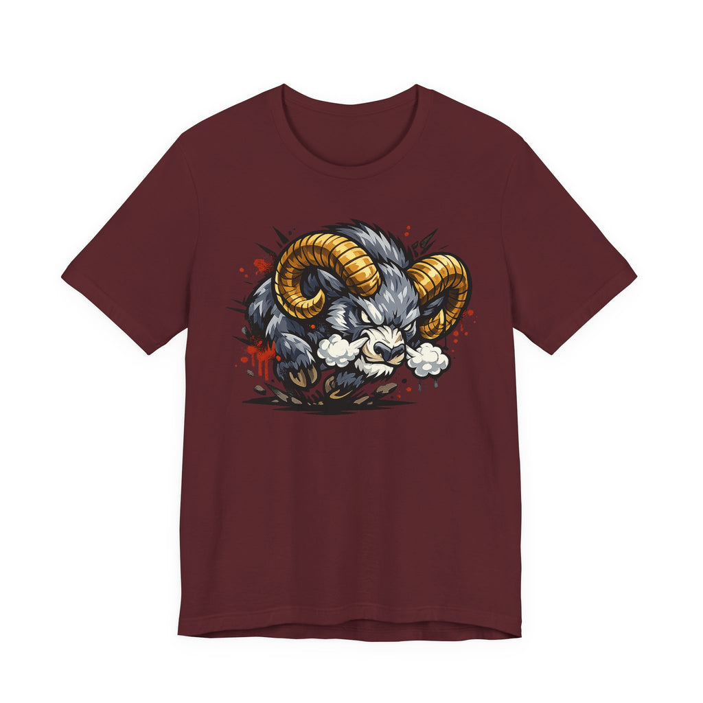 Charging Ram Illustration T-Shirt | Angry Horned Animal Graphic Tee, Wild Bighorn Art Unisex Gift