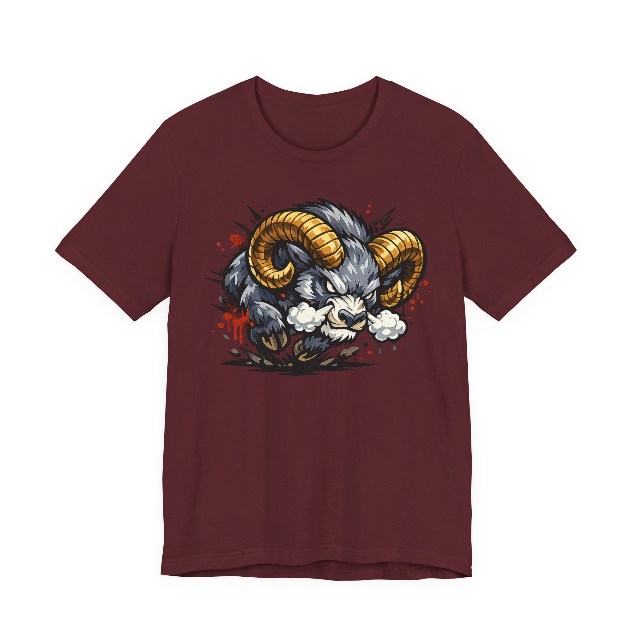 Charging Ram Illustration T-Shirt | Angry Horned Animal Graphic Tee, Wild Bighorn Art Unisex Gift
