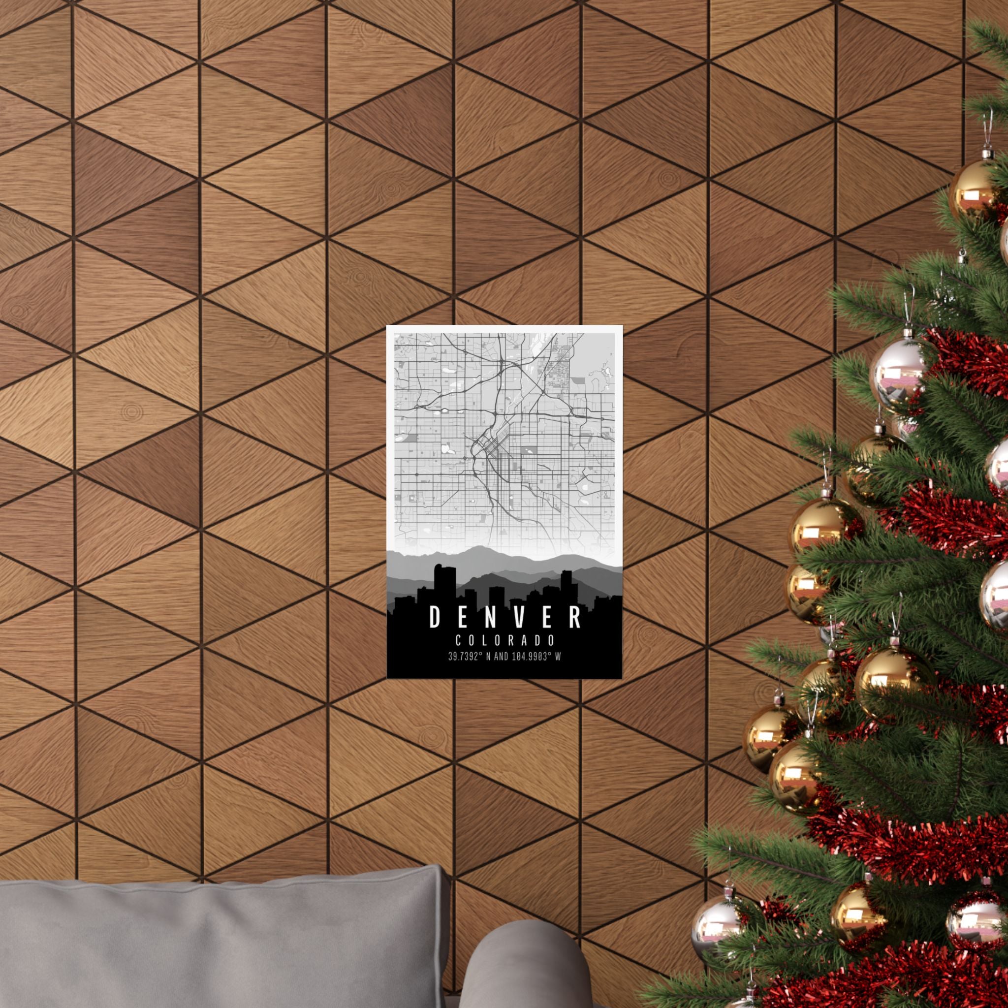 Vertical Denver Colorado skyline map poster displayed for hanging, with grid map and “DENVER” text