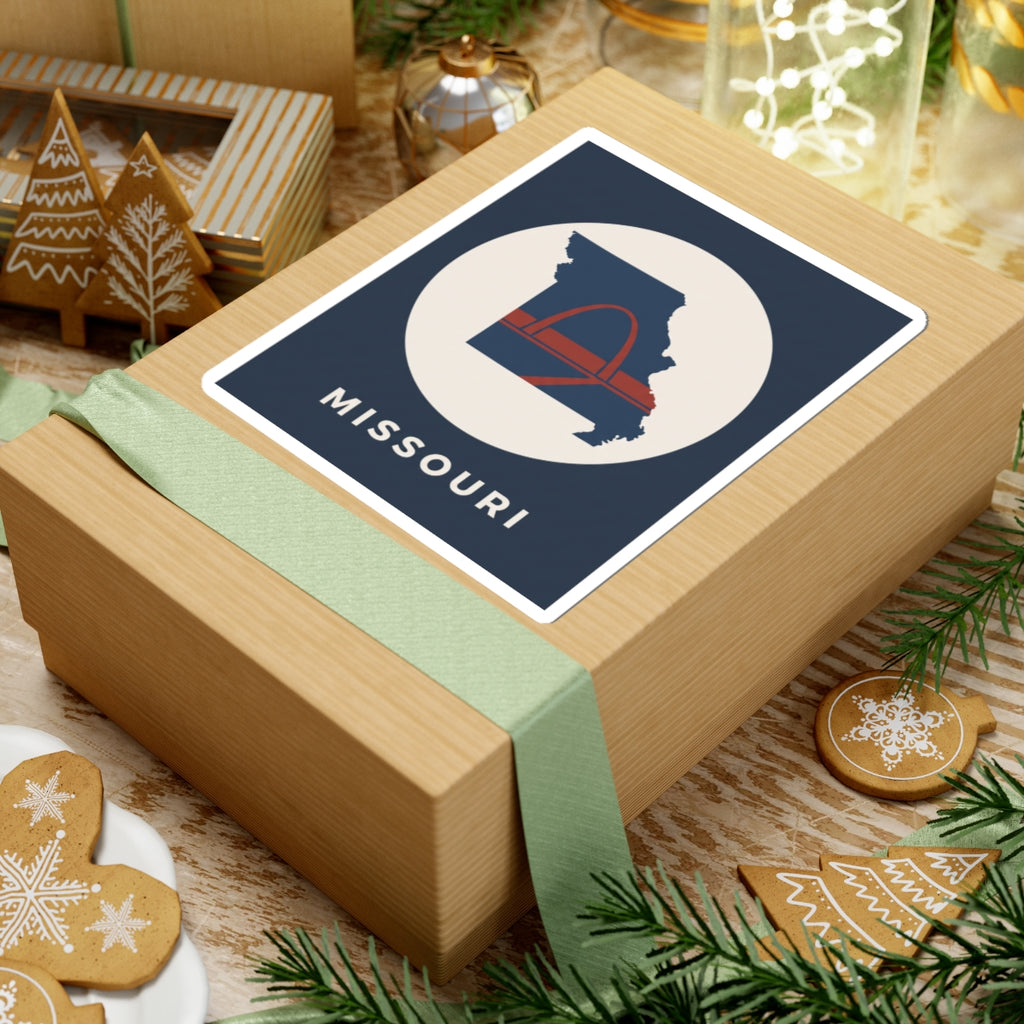 Missouri square sticker featuring state outline, arch graphic, and MISSOURI text on a gift
