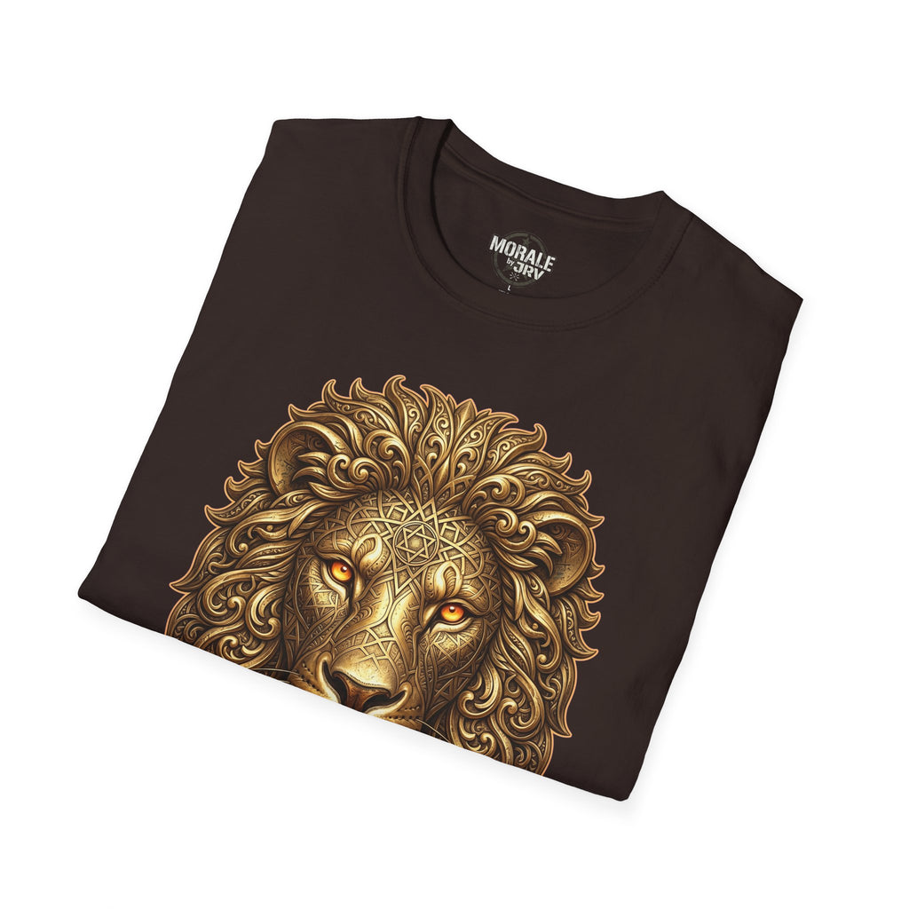 Dark chocolate t-shirt with ornate gold lion head graphic on chest.