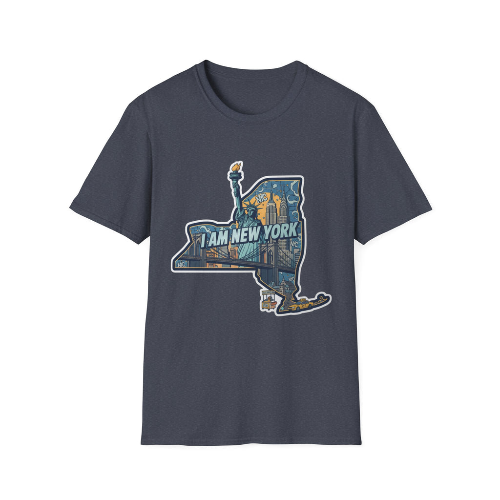 Heather navy I Am New York T-shirt with NYC skyline graphic
