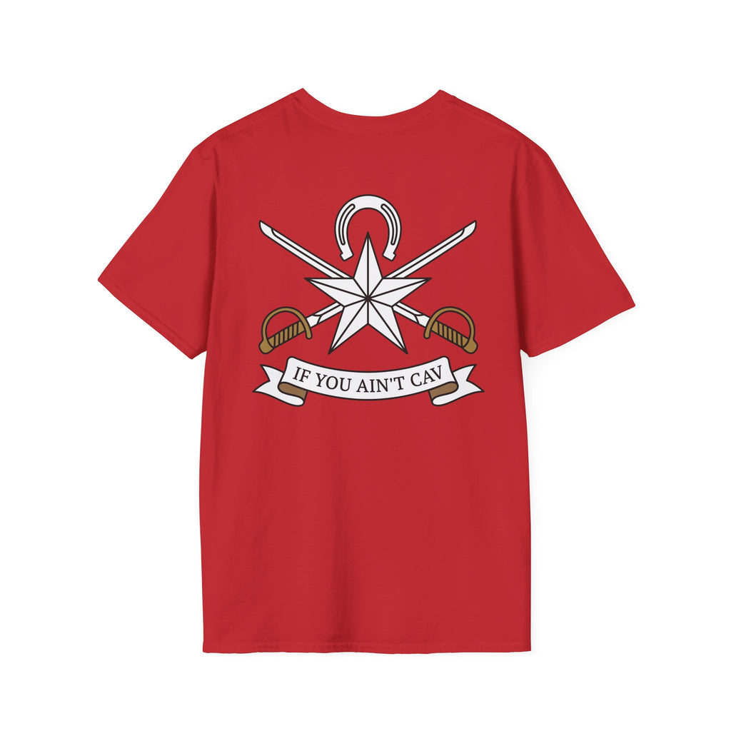 Red T-shirt with star and crossed swords emblem graphic and ribbon text