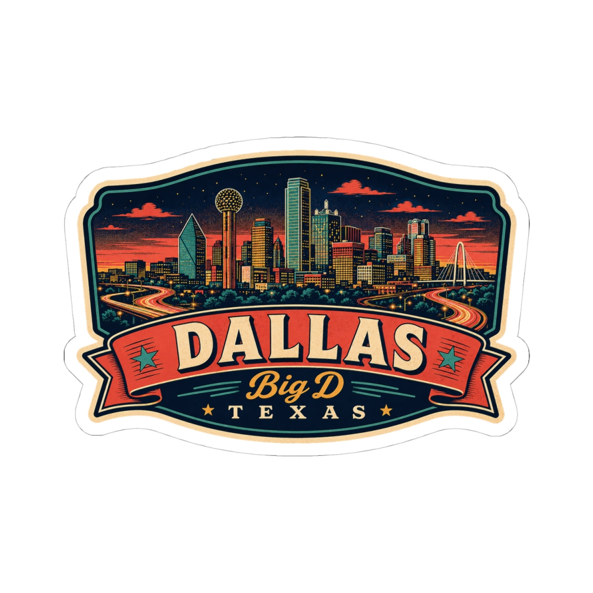 Dallas skyline luggage tag sticker with Big D Texas text and decorative border