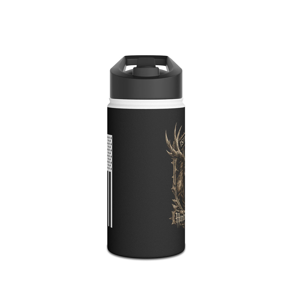 Stainless steel tumbler, black with gold deer antler graphic and vertical stripe detail