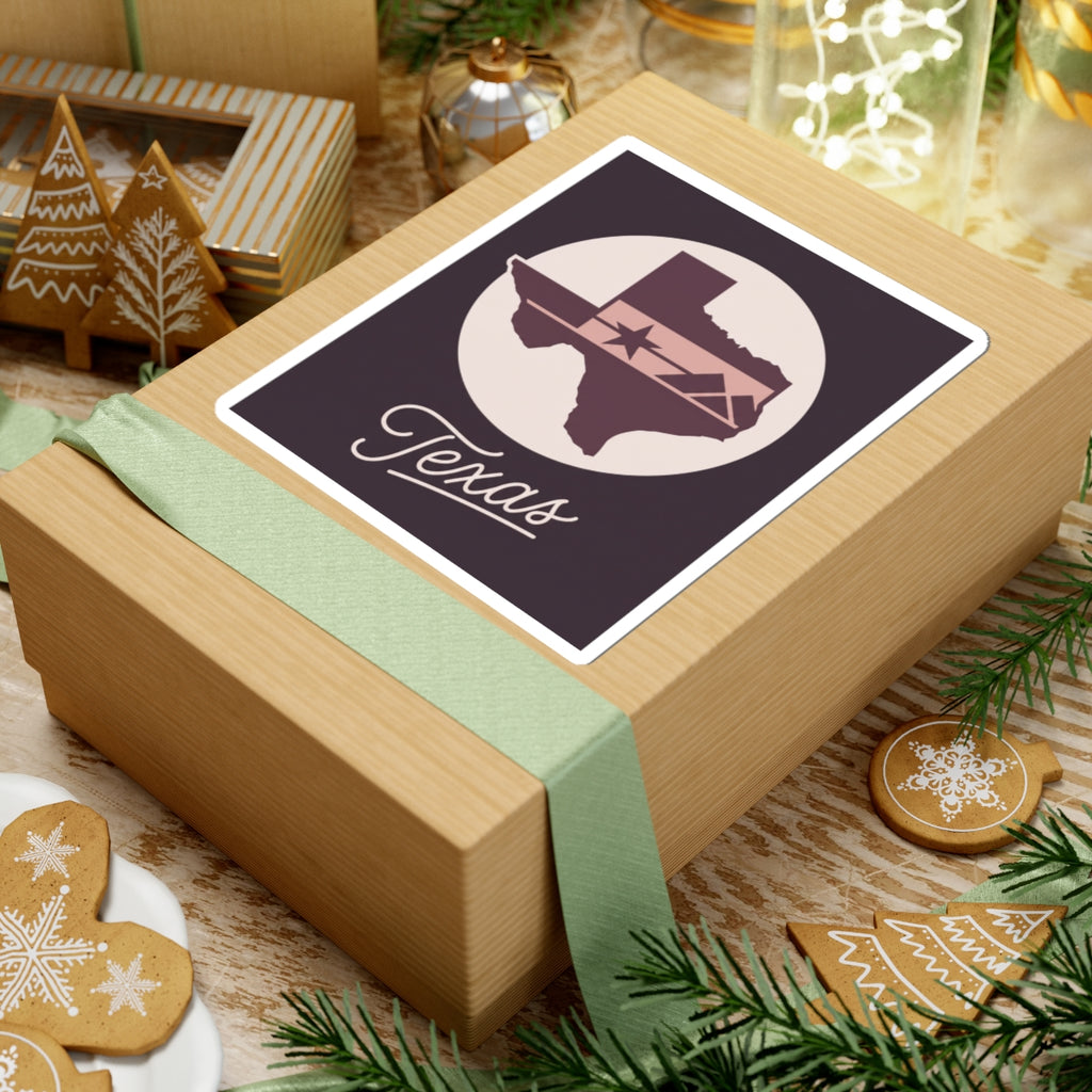 Texas themed square kiss-cut sticker with white circle, star banner, and script "Texas"