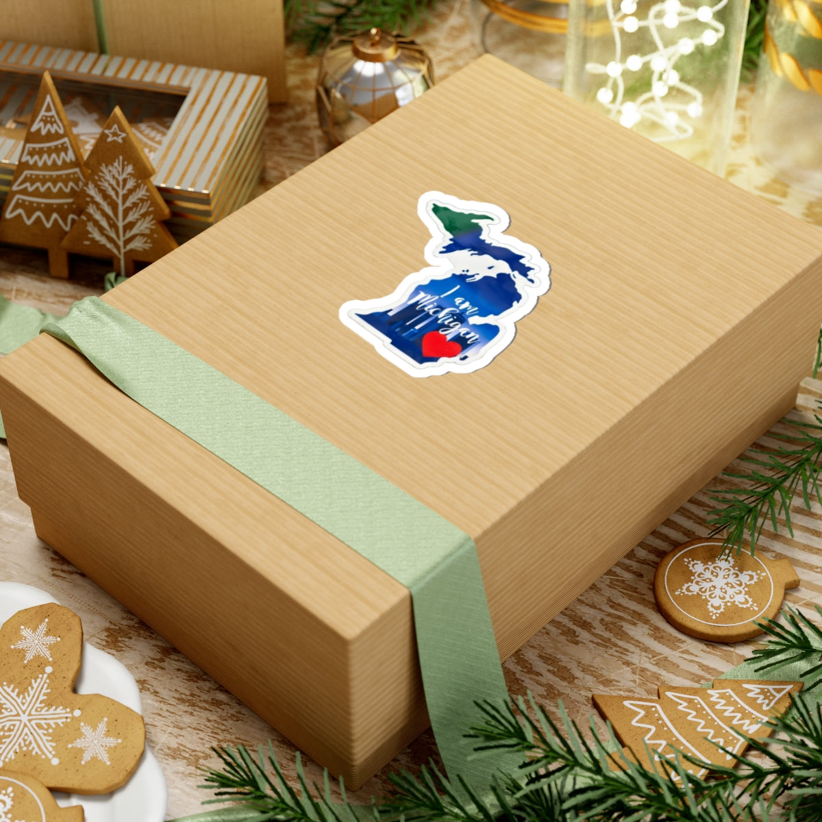 Michigan 'I am Michigan' sticker with red heart on wrapped gift box