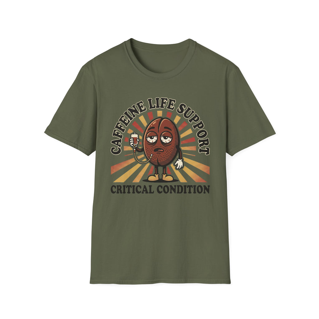 Military green T-shirt with coffee bean cartoon and “CRITICAL CONDITION” print