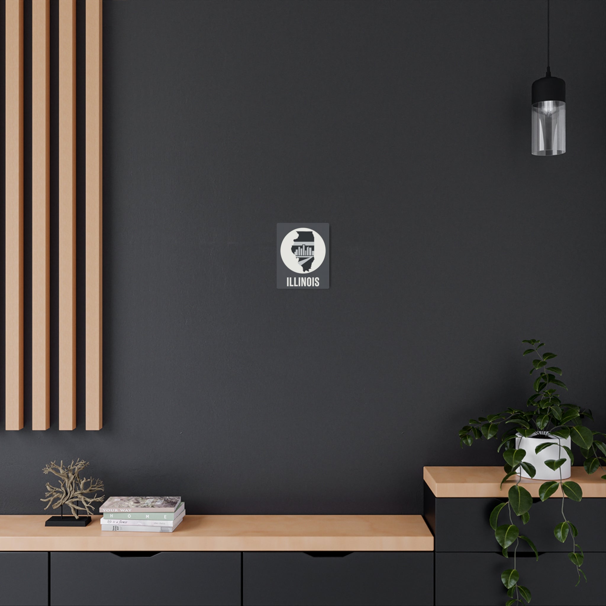 Illinois metal wall art centerpiece: square sign with circular Illinois silhouette and “ILLINOIS”.