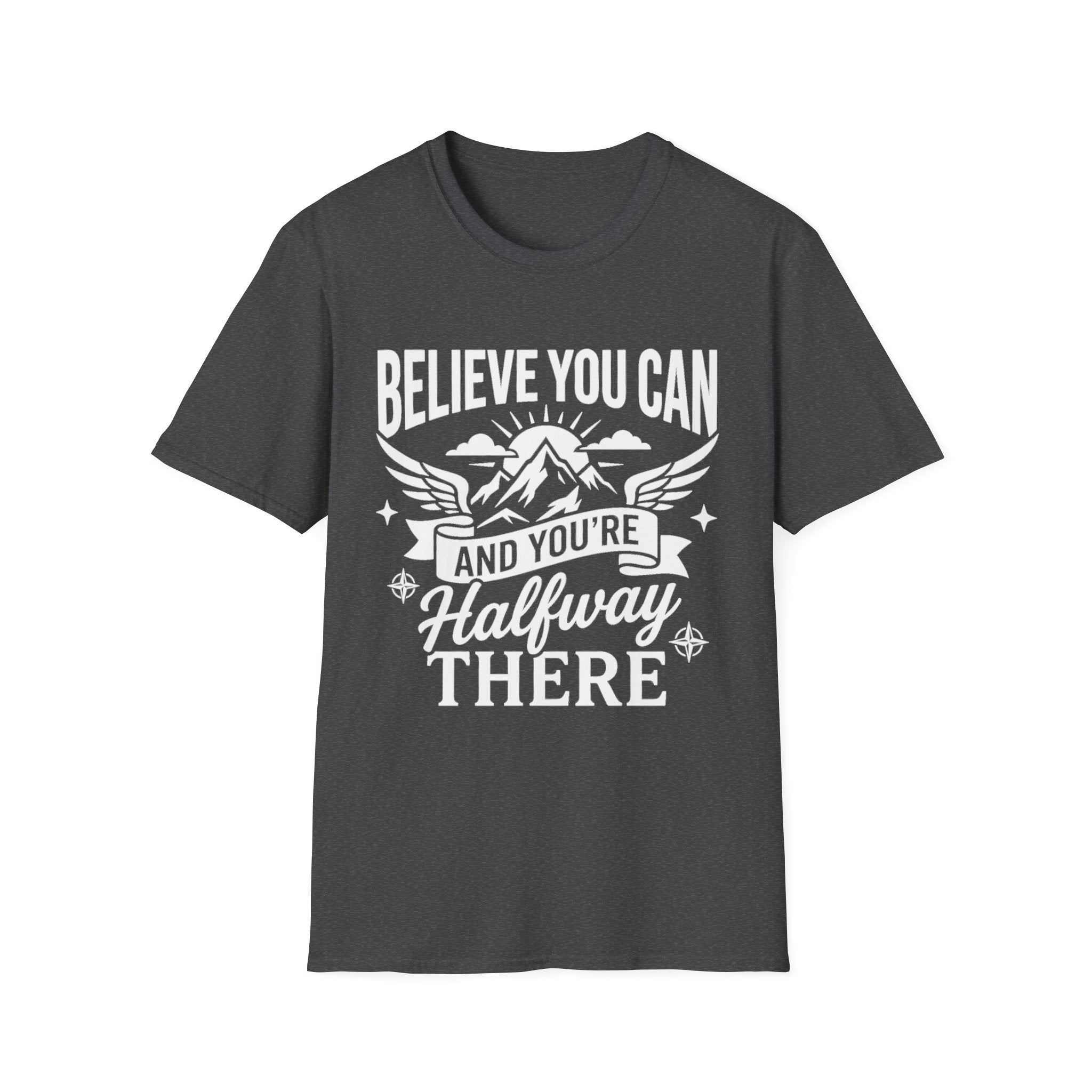 Dark Heather t-shirt with “Believe You Can” mountain hiking quote graphic on front