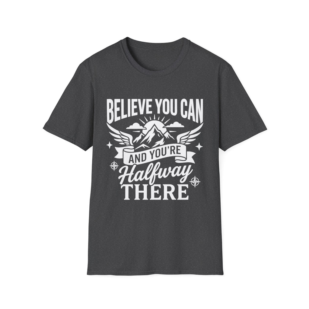 Dark heather gray T-shirt with “Believe You Can” mountain-and-wings typography print