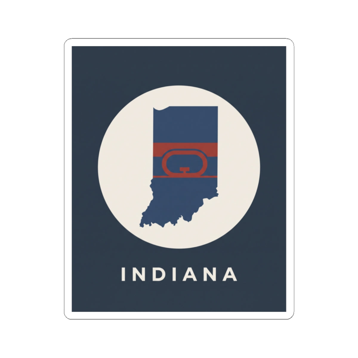 Indiana state map flag kiss-cut sticker, white circle and "INDIANA"
