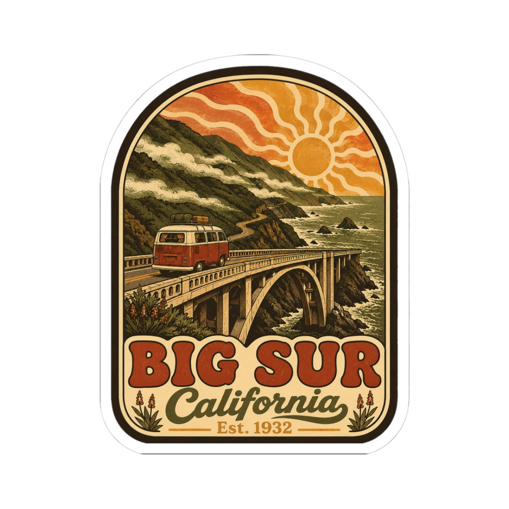 Kiss-cut Big Sur California sticker with vintage camper van, coastal bridge, sun, and “Est. 1932”.