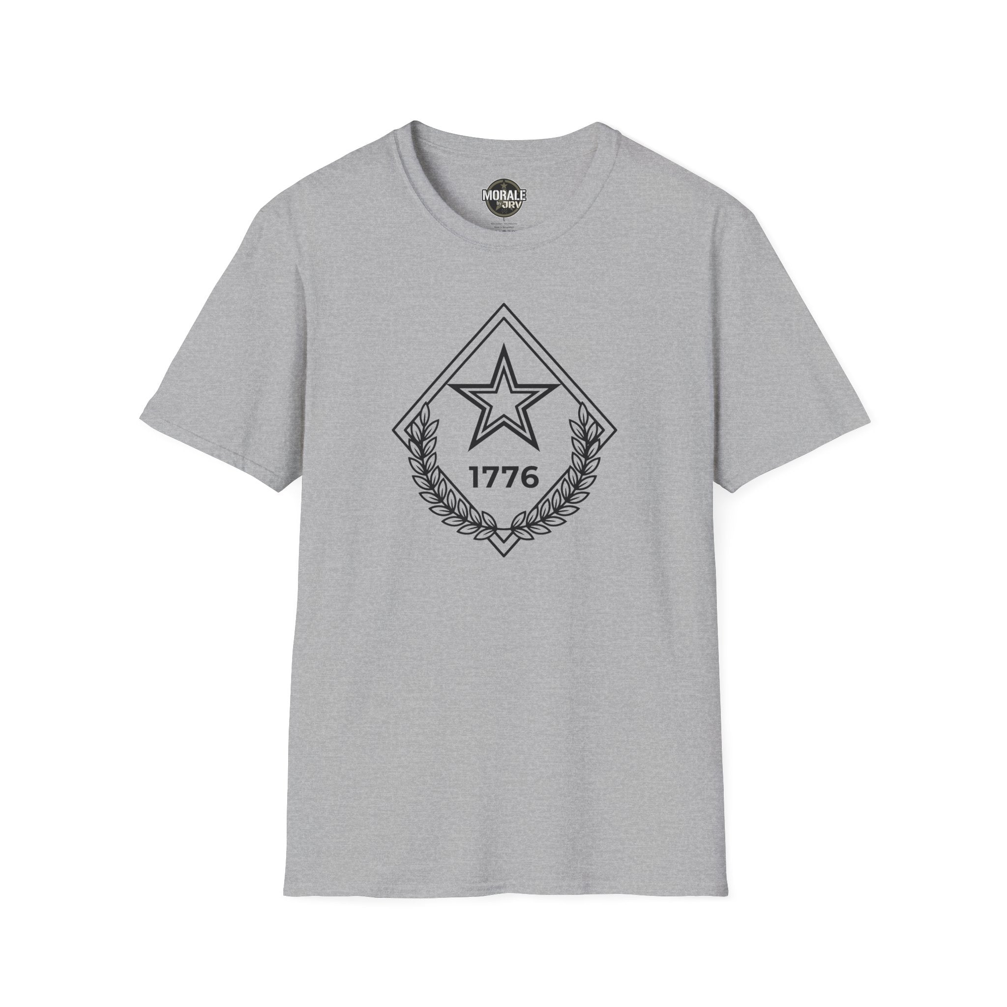 Light gray t-shirt with chest star-and-laurel diamond emblem, 1776 and outlined star design
