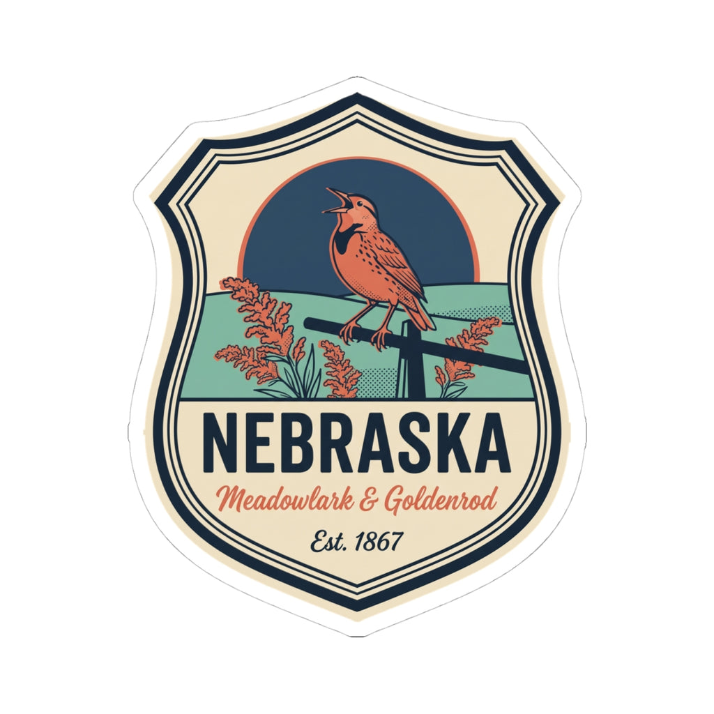 Nebraska badge decal featuring a meadowlark on a vintage field with goldenrod name
