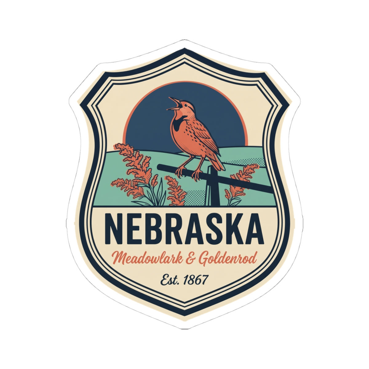 Nebraska badge decal featuring a meadowlark on a vintage field with goldenrod name