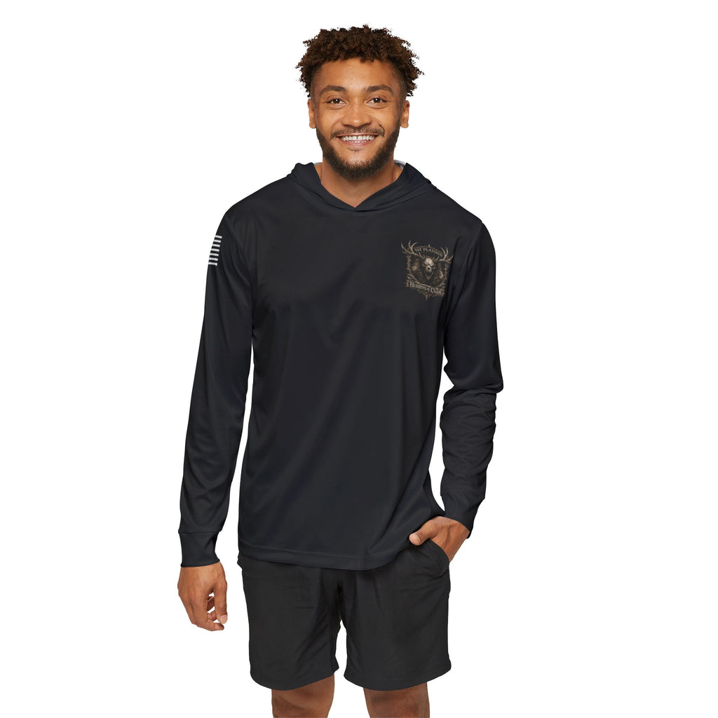 Black thin sport hoodie with hood and small chest graphic on model